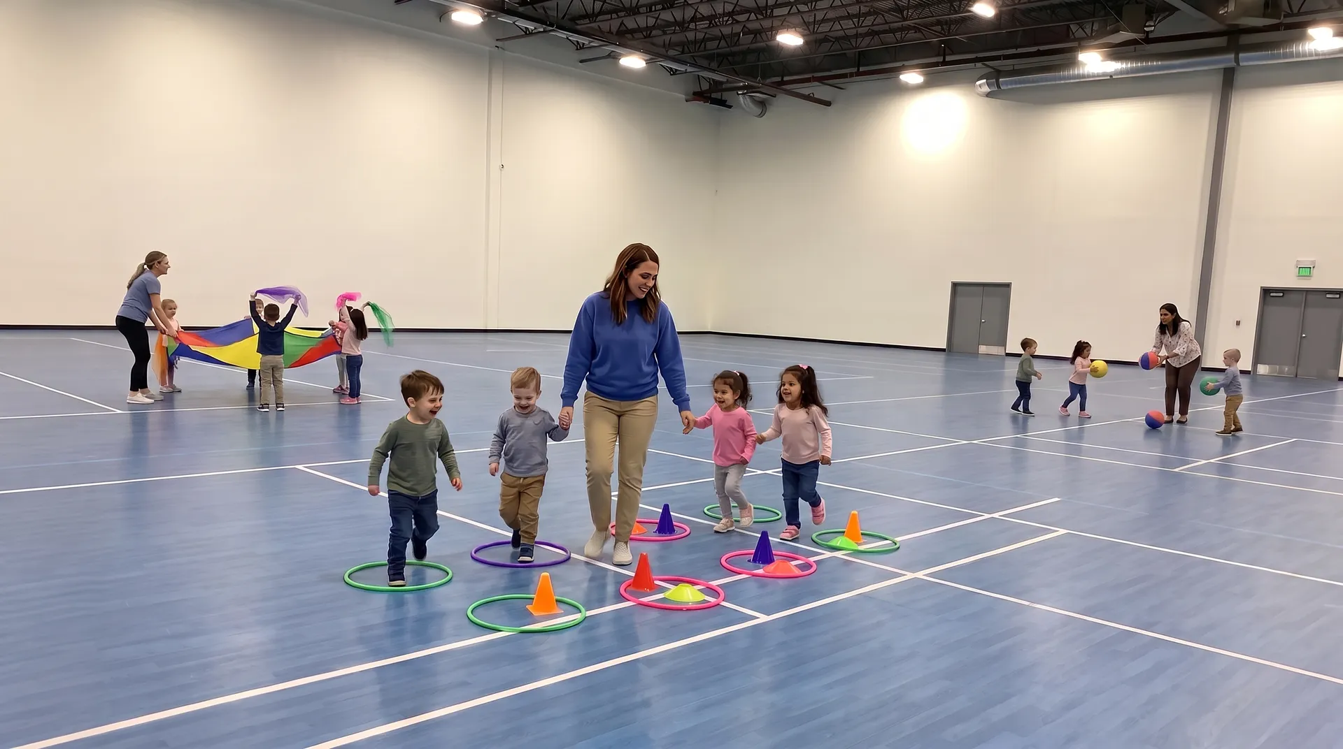 Children and educators playing in the 10,000 sq ft indoor gym at Playbox Childcare Centre, Cloverdale, Surrey