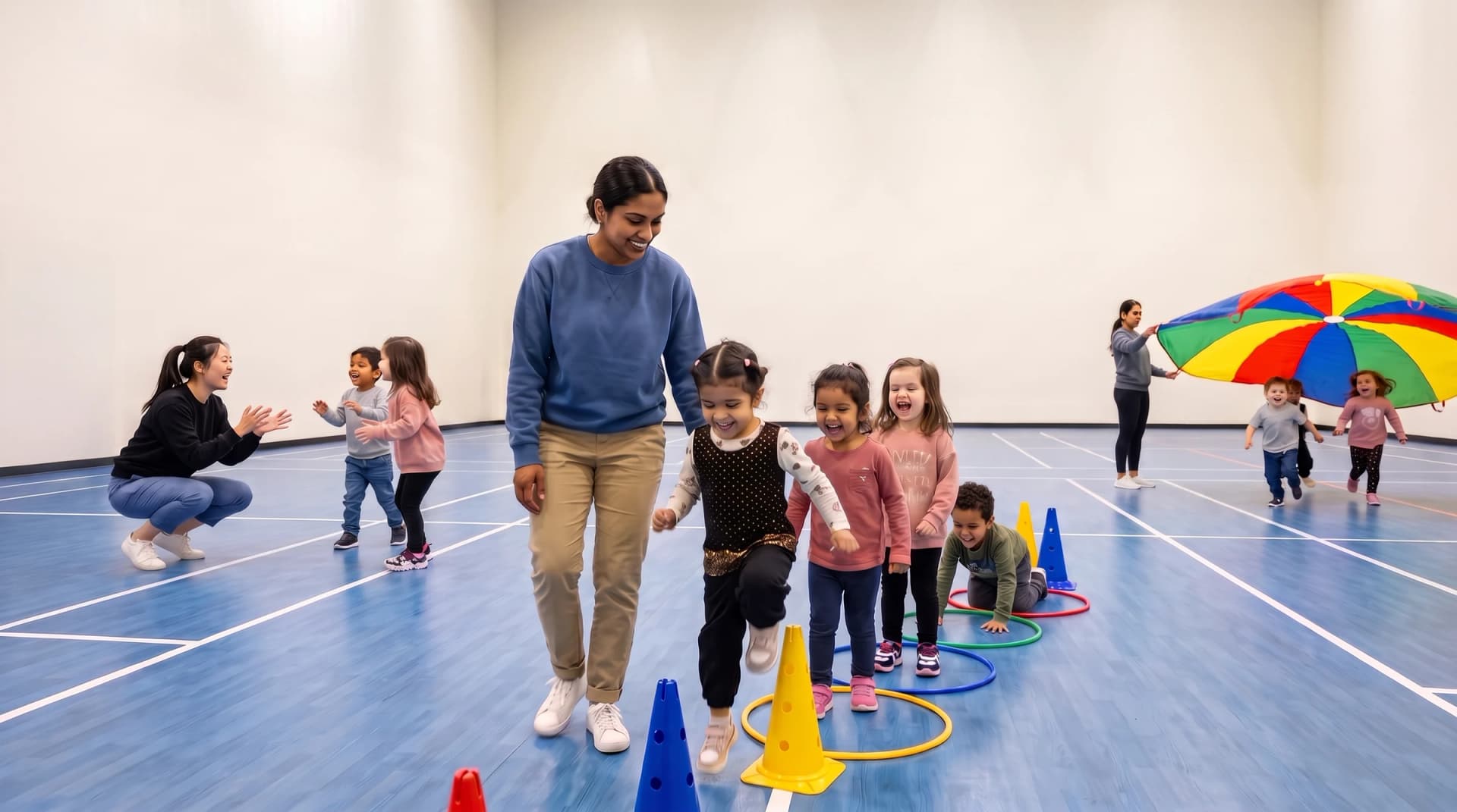 Children laughing as they run an obstacle course in Playbox's 10,000 sq ft gymnasium