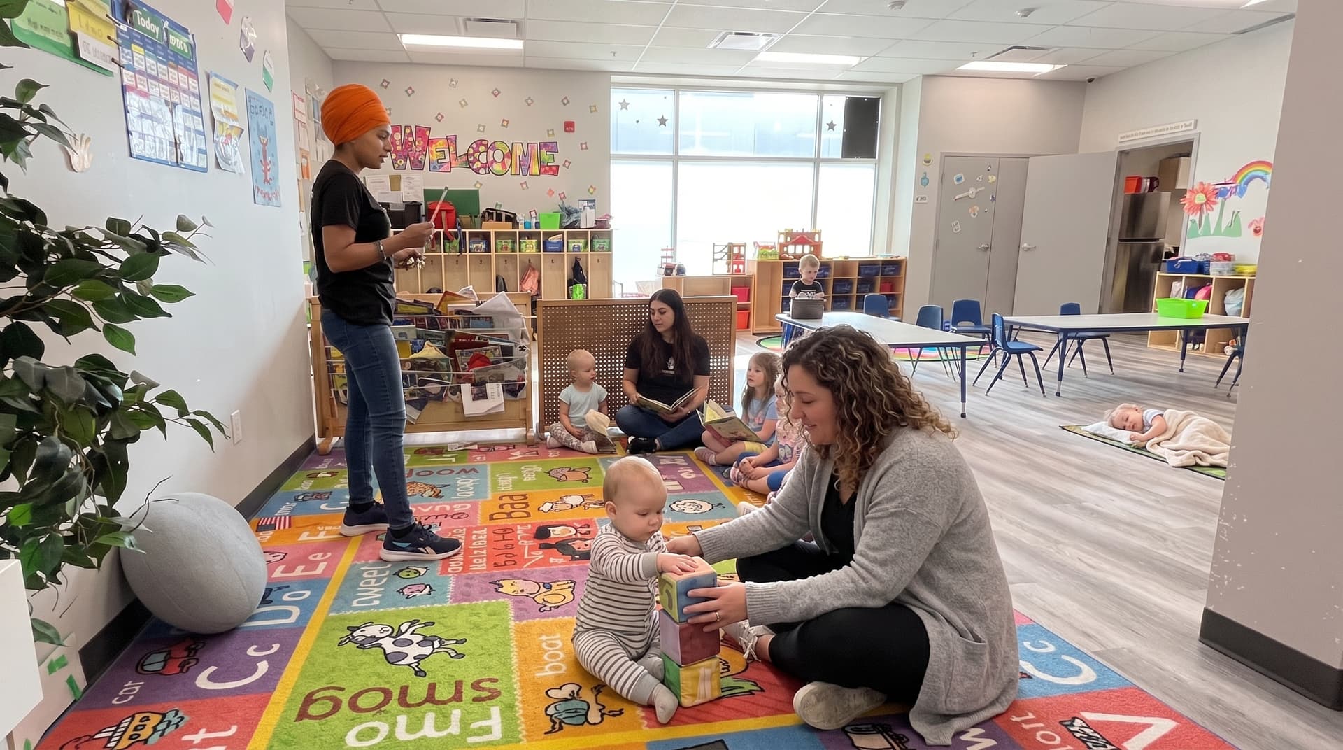 A baby exploring soft floor play in the gentle infant room at Playbox